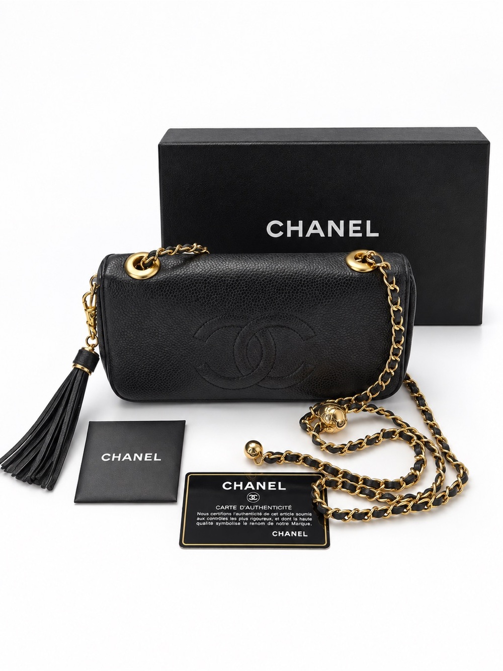 CHANEL Black Caviar Leather Wallet  Shoulder Bag with Gold Chain & Tassel